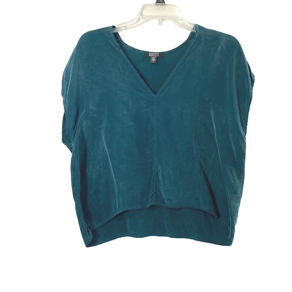 Womens Crop Top Size Large Teal Green Cupro V-Neck Blouse Silk Feel Quiet Luxury